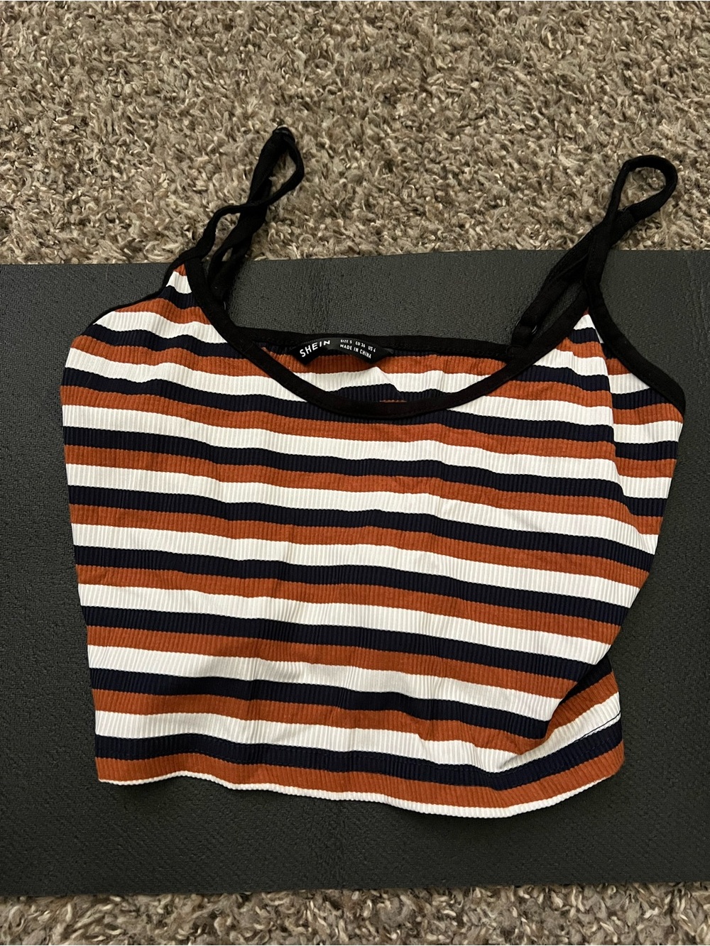 SHEIN Striped Ribbed Crop Tank in White, Black & Brown